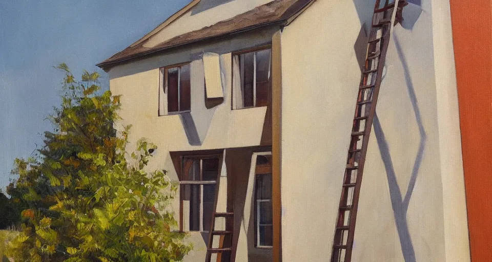 Prompt: a ladder leaning up against the side of a house, beautiful painting, oil on canvas, by ewa czarniecka, award winning masterpiece,