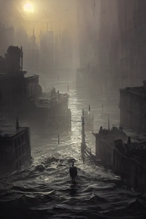 Image similar to sinking city, flood, lovecraftian, chaos, digital art, in the style of greg rutkowski, trending on artstation