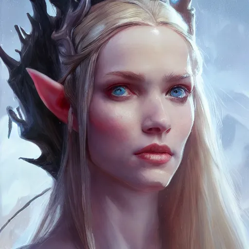 Image similar to A head-on detailed oil fantasy portrait of a pretty elf woman with small horns on her forehead, long blonde hair and bright irises, by greg rutkowski, trending on artstation, dungeon and dragons art