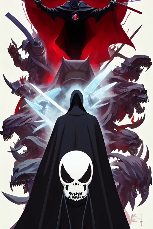 Image similar to video game cover, grim reaper dressed with a cape surrounded by demons, mid view, design on a white background, by studio muti, greg rutkowski makoto shinkai takashi takeuchi studio ghibli