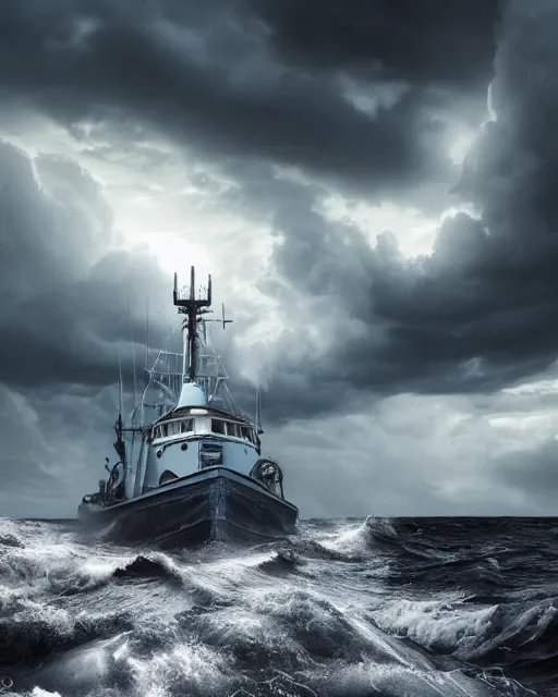 Image similar to establishing shot of a fishing boat on stormy seas, a gigantic star destroyer spaceship in the storm clouds flying overhead, stormy weather, dramatic lighting, unreal engine, hyper realism, realistic shading, cinematic composition, realistic render, octane render, detailed textures, photorealistic, ultrawide shot, 16mm lens