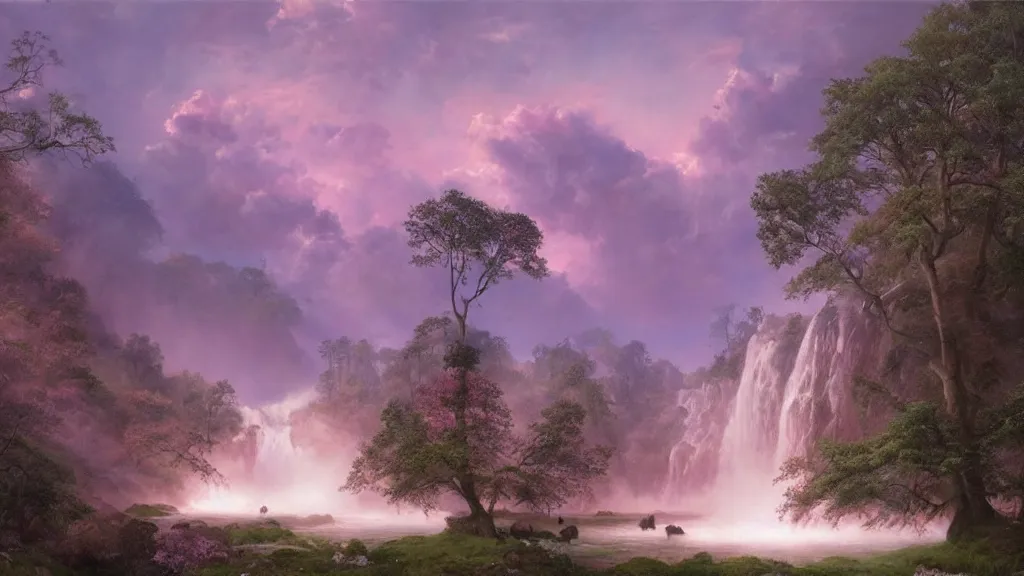 Prompt: the most beautiful panoramic landscape, oil painting, where a giant dreamy waterfall creates a river, the trees around are starting to bloom in pink and purple colors, a majestic deer is in close - up and it is under a giant tree while it is exhaling steam, the ray lights of the sunrise are brightening him, by greg rutkowski