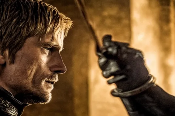 Image similar to very very intricate photorealistic photo of jaime lannister fighting cersei, photo is in focus with detailed atmospheric lighting, award - winning details