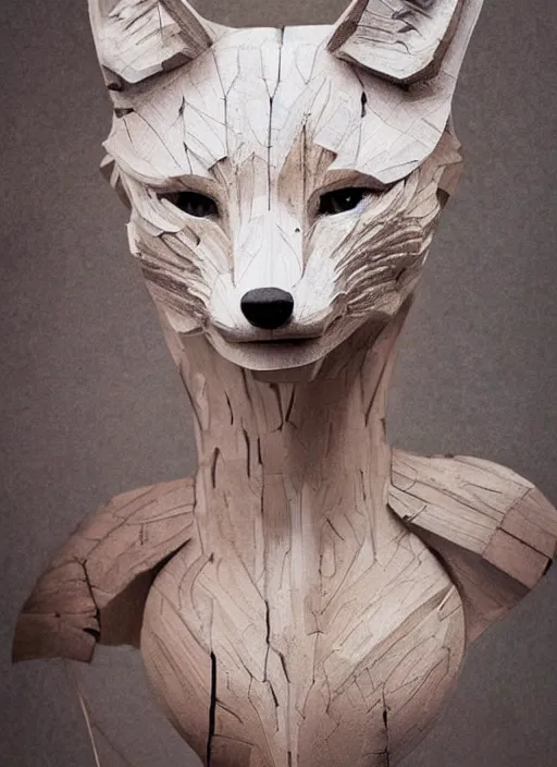 Image similar to sculpture of fox made of wood, portrait, female, future, wood, tree, harper's bazaar, vogue, magazine, insanely detailed and intricate, concept art, close up, ornate, luxury, elite, elegant, trending on artstation, by ruan jia, by Kenneth Willardt, by ross tran, by WLOP, by Andrei Riabovitchev,