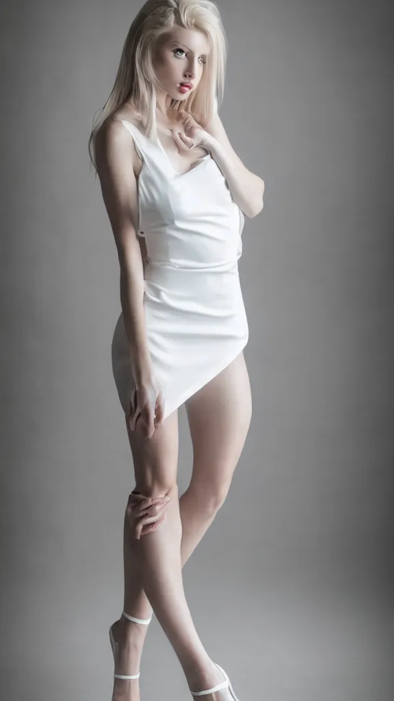 Prompt: extremely beautiful studio photo of emily skinner, looking like annie leonhart, sexy slim legs, wearing heels and white short dress, in a white room, pale skin, bokeh, very very very very beautiful!!, hard focus, sexy dominant pose, full body shot, 9 0 mm, f / 1. 2 5