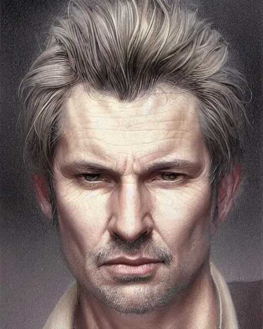 Image similar to portrait of 4 0 - year - old man, with a pale face with premature lines, and light brown hair going grey, wearing in shirt, hyper realistic face, beautiful eyes, fantasy art, in the style of greg rutkowski, intricate, alphonse mucha, hyper detailed, smooth