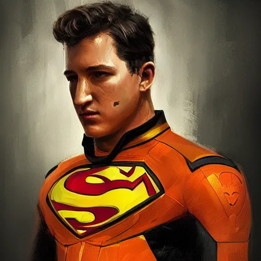 Image similar to portrait of a superhero by greg rutkowski, he looks like miles teller, he is wearing a black, orange and yellow kevlar gear, highly detailed portrait, digital painting, artstation, concept art, smooth, sharp foccus ilustration, artstation hq