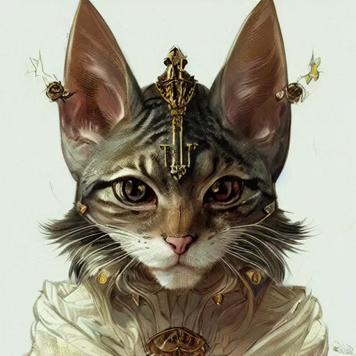 Image similar to A heraldic queen kitty cat with big cute eyes, D&D, fantasy, intricate, cinematic lighting, highly detailed, digital painting, artstation, concept art, smooth, sharp focus, illustration, art by Akihiko Yoshida, Greg Rutkowski and Alphonse Mucha