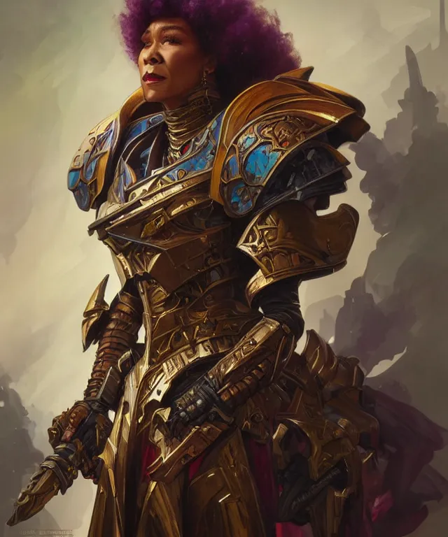 Image similar to Moira Stewart as Warhammer 40k Battle Sister, portrait, fantasy, intricate, elegant, highly detailed, digital painting, artstation, concept art, smooth, sharp focus, illustration, art by artgerm and greg rutkowski and alphonse mucha