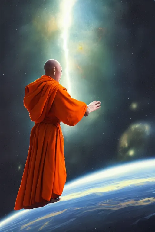 Prompt: portrait of a monk in a spaceship, window, nebula, orange robe, dramatic lighting, artstation, matte painting, ralph mcquarrie