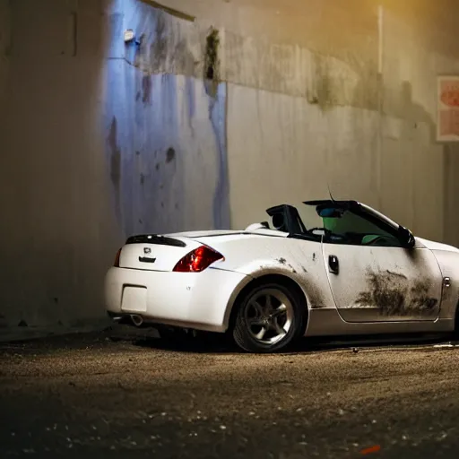 Prompt: decaying white 350z roadster abandoned in alley night time decrepit shot from bladeruner 2049 soft lighting dark shadows beautiful 65mm camera Ryan Church