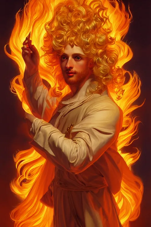 Prompt: Lucius as a demigod of scintillating radiance, long fluffy blond curly hair, wreathed in magnificent flames, oil on canvas, golden hour, artstation, by J. C. Leyendecker and Peter Paul Rubens