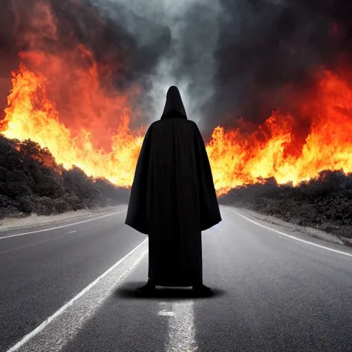 Prompt: A menacing figure with a face made from and draped in black robes stands in the middle of a road as the city burns, horror, photograph, highly detailed, high evolution, legendary, smooth, sharp focus, dynamic lighting, 4k