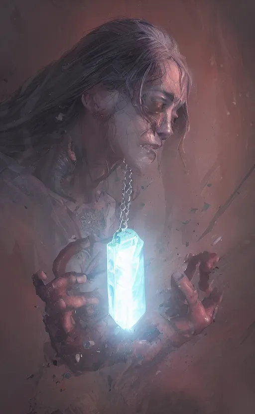 Prompt: a small crystal with white pulsing light, necklace gem, front game card, drark, marvel comics, dark, intricate, highly detailed, smooth, artstation, digital illustration by ruan jia and mandy jurgens and artgerm and wayne barlowe and greg rutkowski and zdislav beksinski