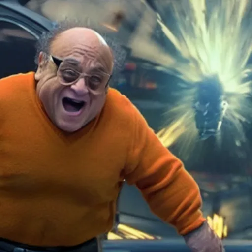 Image similar to Danny Devito goes super saiyan, marvel studios, pixar, film still