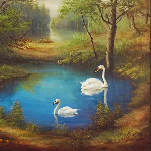 Prompt: painting of a small lake with two swans in it, in a forest, blue water, stunning colors, fairytale