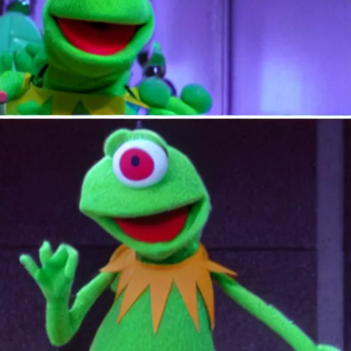 Prompt: Stills from the anime Neon Genesis Evangelion, Kermit the Frog from Sesame Street as an attacking angel