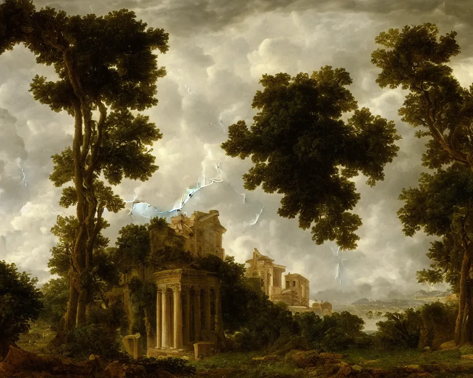 Image similar to landscape painting of Roman basilica overgrown with verdant foliage, during a thunderstorm, by hermann corrodi.