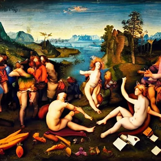 Image similar to Psychedelic Mushroom gathering, renaissance masterpiece