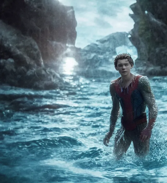 Prompt: tom holland as a mystical water creature, d & d, movie still frame, hd, remastered, film grain, cinematic lighting