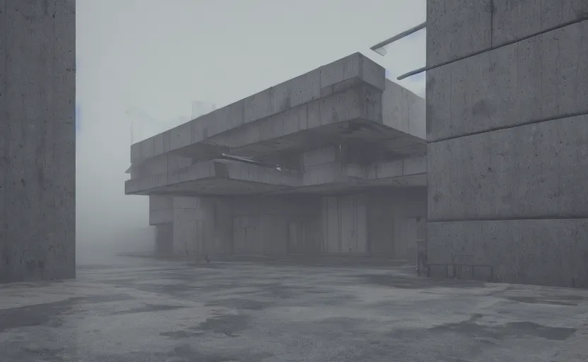 Image similar to Brutalist architecture buildings, gloomy and foggy atmosphere, octane render, artstation trending, horror scene, highly detailded