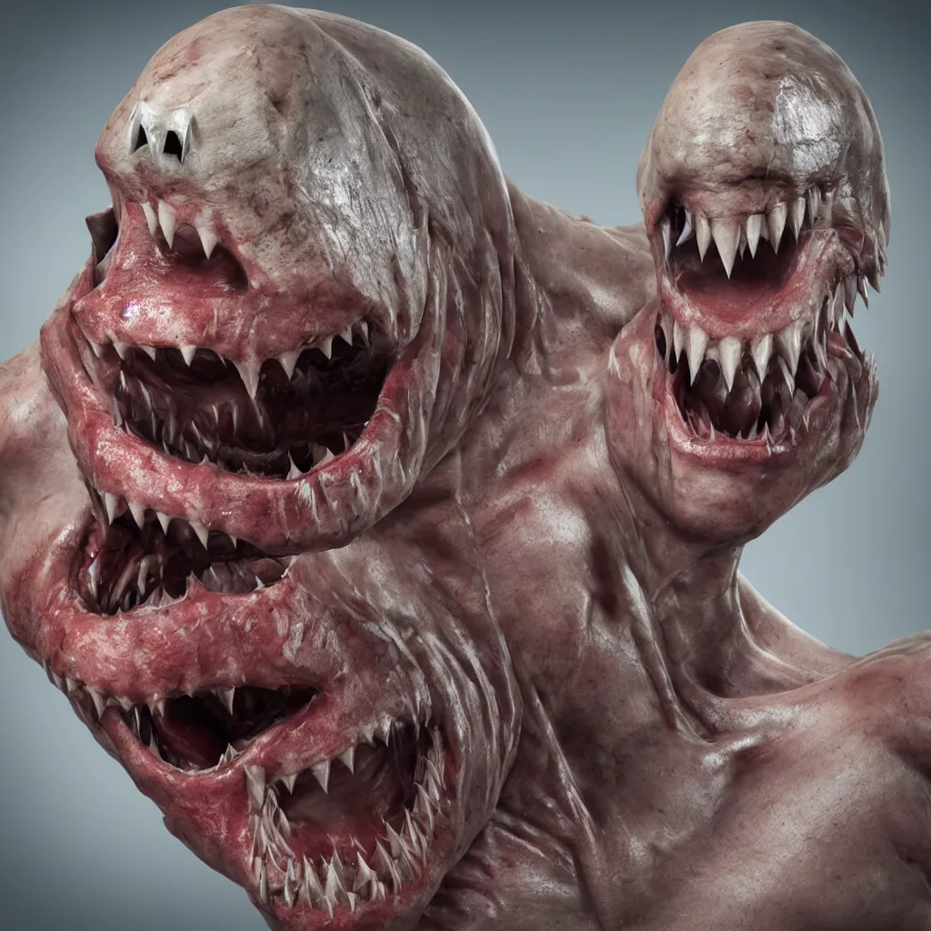 Image similar to A human with shark head made of muscles and flesh, very angry, teeth, ambient light, terror, glows, realistic, photo-realism, hyper realism, picture, detailed, 3D render, scary, distant shot, in the distance,