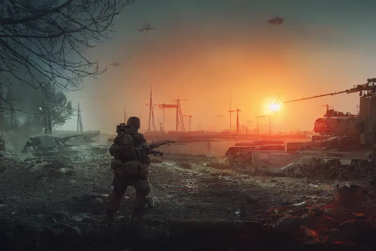 Image similar to soldier battlefield 4 by simon stalenhag and robbert sammelin and eric persson, battlefield 4, 4 k, hd wallpaper, hdr, tonemapping, detailed, atmospheric, global illumination, majestical lighting, saturated, wet, ray tracing, anamorphic lens, chromatic aberration, vivid pastel color scheme