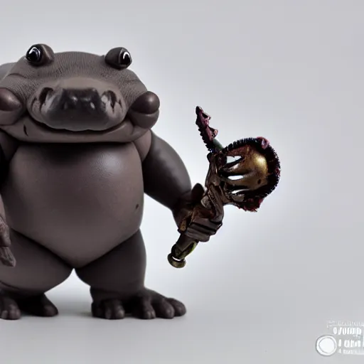 Prompt: funko pop doll of a scary lovecraftian giant mechanized hippo taken in a light box with studio lighting, some background blur