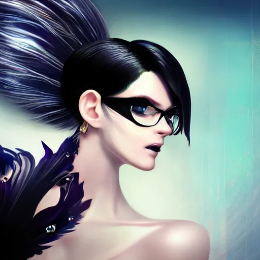 Prompt: prompt A beautiful portrait of Bayonetta, black silky dress, wearing a bra in the shape of peacock feathers, close up front view, long clumpy hair in the shape of fox tail, backlit, concept art, matte painting, by Hideki Kamiya
