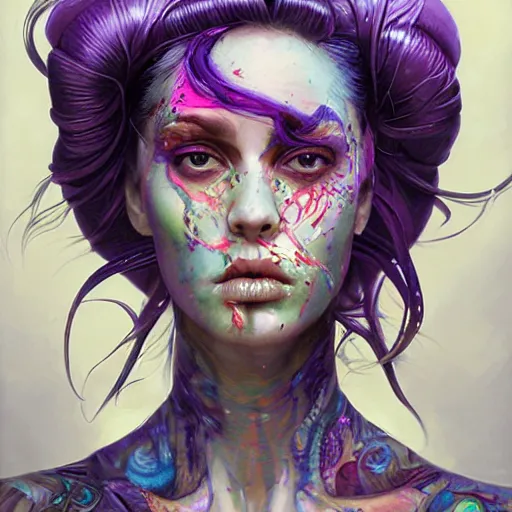 Image similar to art portrait of a furious girl with purple tentacles on her head, 8 k, by tristan eaton, stanley artgermm, tom bagshaw, greg rutkowski, carne griffiths, trending on deviantart, face enhance, hyper detailed, full of colour,