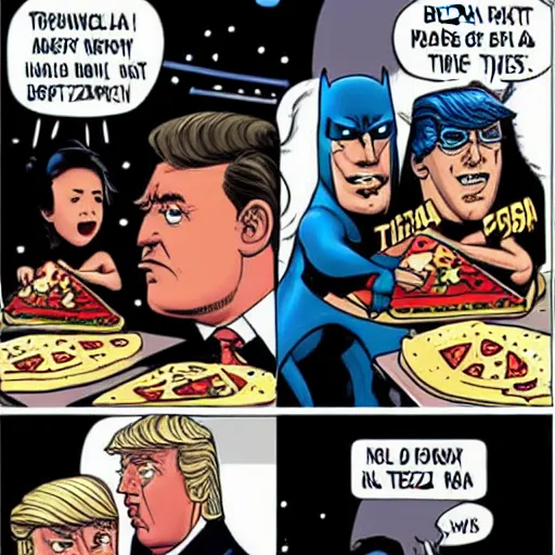 Image similar to Batman eating pizza, with Donald Trump