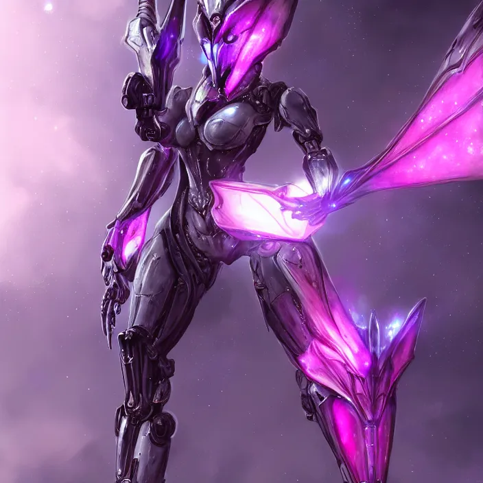 Image similar to cinematic shot, bust, cosmic sized perfectly proportioned stunning hot female warframe, robot mecha female dragon head, silver armor, fuschia leds, floating in empty space, nebula sized, holding a galaxy, epic proportions, epic size, epic scale, furry art, dragon art, giantess art, warframe fanart, furaffinity, deviantart
