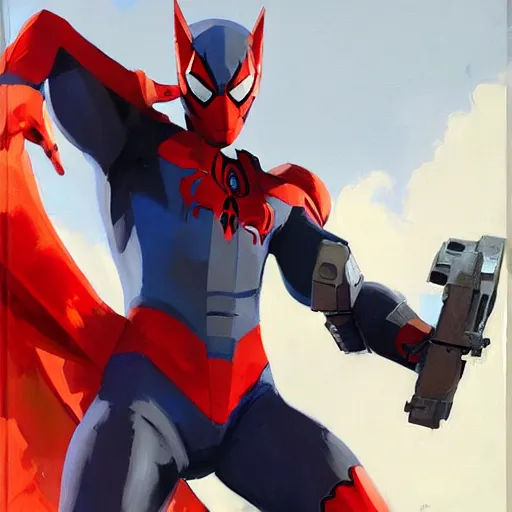 Image similar to greg manchess portrait painting of armored spiderman ultraman grey fox from metal gear cyborg gay japanese - american hybrid as overwatch character, medium shot, asymmetrical, profile picture, organic painting, sunny day, matte painting, bold shapes, hard edges, street art, trending on artstation, by huang guangjian and ail elvgren and sachin teng