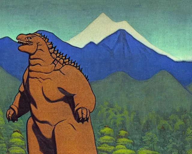 Image similar to ancient godzilla standing in front of altai forest, detailrd painting by roerich