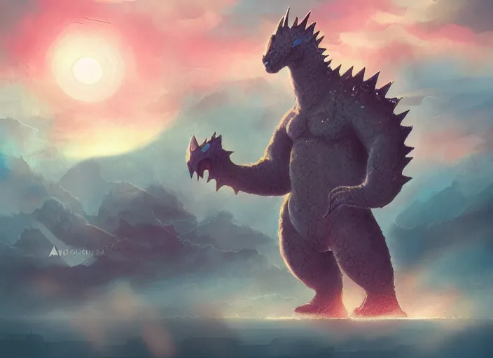 Prompt: kawaii kaiju, cute giant monster, massive adorable creature, sweet colossal beast, sunset in the city, low angle, magical, mysterious, trending on artstation