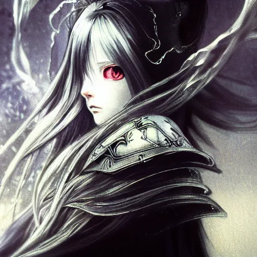 Image similar to yoshitaka amano blurred and dreamy realistic illustration of an anime girl with wavy white hair and cracks on her face wearing elden ring armour with the cape fluttering in the wind, abstract black and white patterns on the background, noisy film grain effect, highly detailed, renaissance oil painting, weird portrait angle