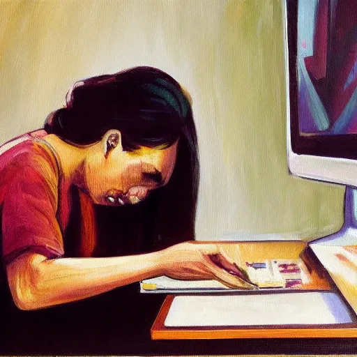 Prompt: a painting of an artist crying in front of a computer