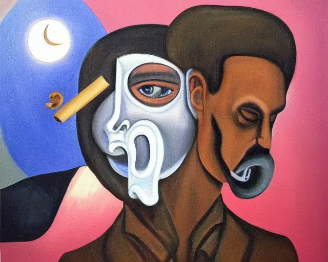 Image similar to a surreal painting of a young man with a horseshoe mustache smoking a joint