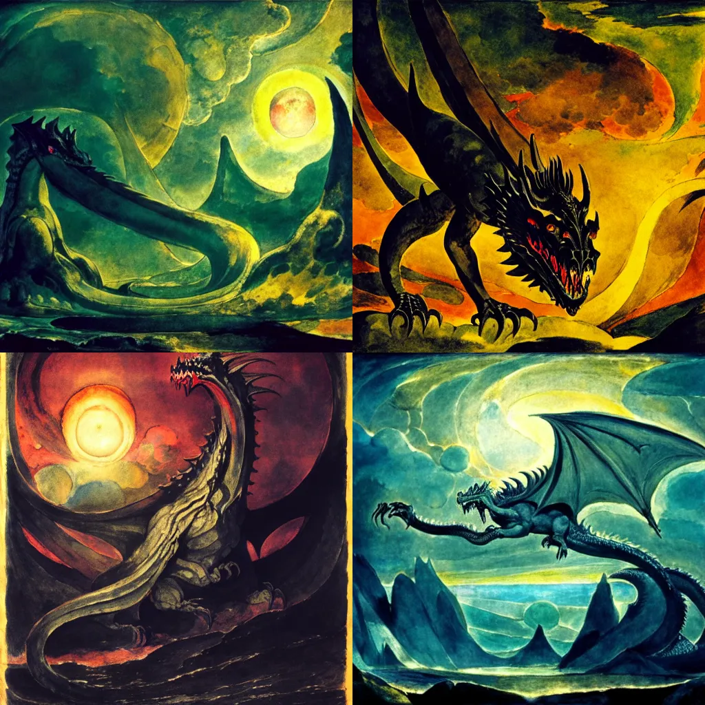 Prompt: A majestic gothic dragon, by William Blake, by Matthias Grunewald, by Emil Nolde, by Greg Rutkowski, masterpiece, oil on canvas, trending on artstation, top on pixiv, cinematic composition, dramatic scene, beautiful lighting, aesthetic!, planetary landscape, concept art, sharp, high details, astrophotography, no frames, 8K