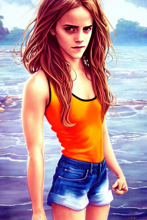 Image similar to a gorgeous hulking Emma Watson with very long hip-length blonde hair, wearing a cut-off white top and orange cut-off shorts standing by the water, in the style of artgerm and moebius and annie liebovitz, marvel comics, photorealistic, highly detailed, trending on artstation