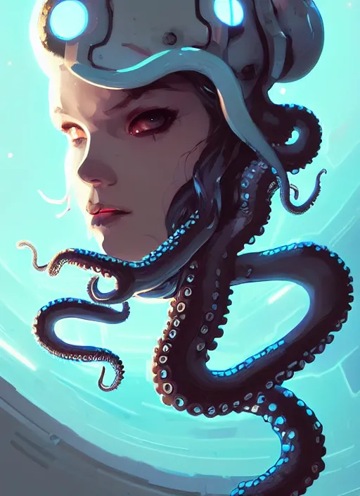 Image similar to portrait of cute octopus tentacle space girl, warhammer, cyberpunk by atey ghailan, by greg rutkowski, by greg tocchini, by james gilleard, by joe gb fenton, by in kaethe butcher, dynamic lighting, gradient light blue, brown, blonde cream and white color in scheme, grunge aesthetic, black background