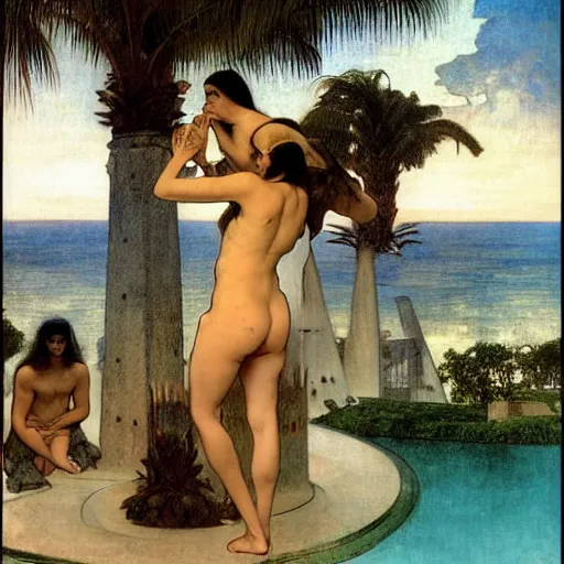 Image similar to Demon girls at the giant column, thunderstorm, greek pool, beach and palm trees on the background major arcana sky, by paul delaroche, alphonse mucha and arnold böcklin arnold böcklin hyperrealistic 8k, very detailed