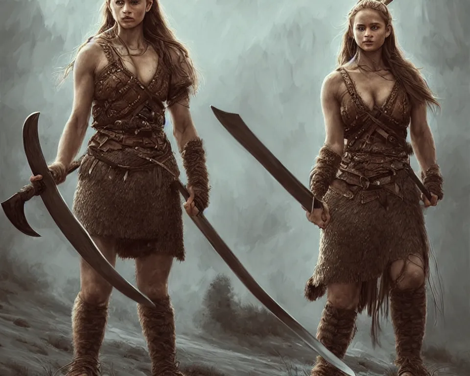 Prompt: gorgeous!! hyper - realistic woman resembling alicia vikander as a battle - worn viking warrior wielding a giant axe | standing next to a sabretooth tiger | intricate, highly detailed, digital painting, character design, character concept art | drawn by wlop, drawn by jeehyung lee, drawn by artgerm, drawn by peter kemp