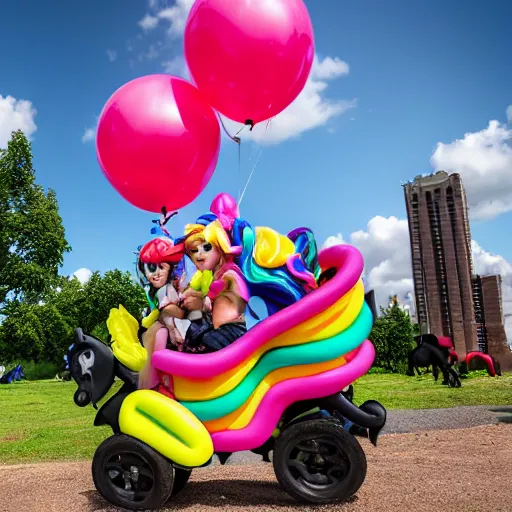 Image similar to (my little pony) giving rides to children at a birthday party in the city park. balloons, cake, presents, crazy, road trip, havoc, 8K, 4K, digital art, cgsociety, realistic photograph