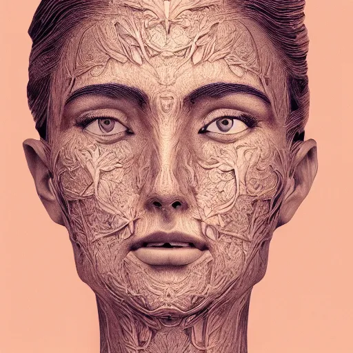 Image similar to face portrait of a beautiful woman, 150 mm, anatomical, flesh, flowers, mandelbrot fractal, veins, arteries, symmetric, intricate, golden ratio, full frame, microscopic, elegant, highly detailed, ornate, ornament, elegant , luxury, beautifully lit, ray trace, octane render in the style of peter Gric , alex grey and Romero Ressendi