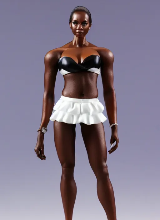 Image similar to Product Introduction Photos, 4K, Long view, Full body, 80mm resin detailed miniature of a Muscular Black Woman in white and ruffled miniskirt