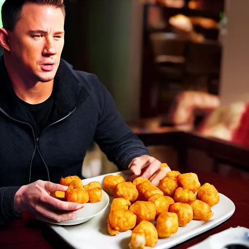 Image similar to channing tatum's face as tater tot on a plate with ketchup