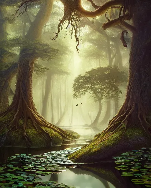 Prompt: a huge magical pond surrounded by a dense forest of crooked trees, roots reaching out to the water, fireflies, deep focus, d & d, fantasy, intricate, elegant, highly detailed, digital painting, artstation, concept art, matte, sharp focus, illustration, hearthstone, art by greg rutkowski and alphonse mucha and andreas rocha