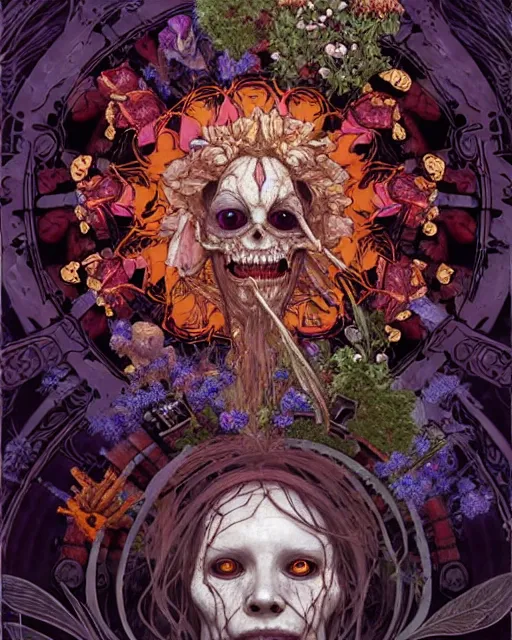 Prompt: the platonic ideal of flowers, rotting, insects and praying of cletus kasady carnage davinci dementor chtulu mandala ponyo dinotopia the witcher, fantasy, ego death, decay, dmt, psilocybin, concept art by randy vargas and greg rutkowski and ruan jia and alphonse mucha