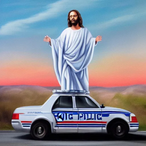 Image similar to hyperrealism painting of jesus christ on top of a police car in a police chase